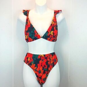 Bohemian floral high waist bikini and ruffle strap top set size XL
